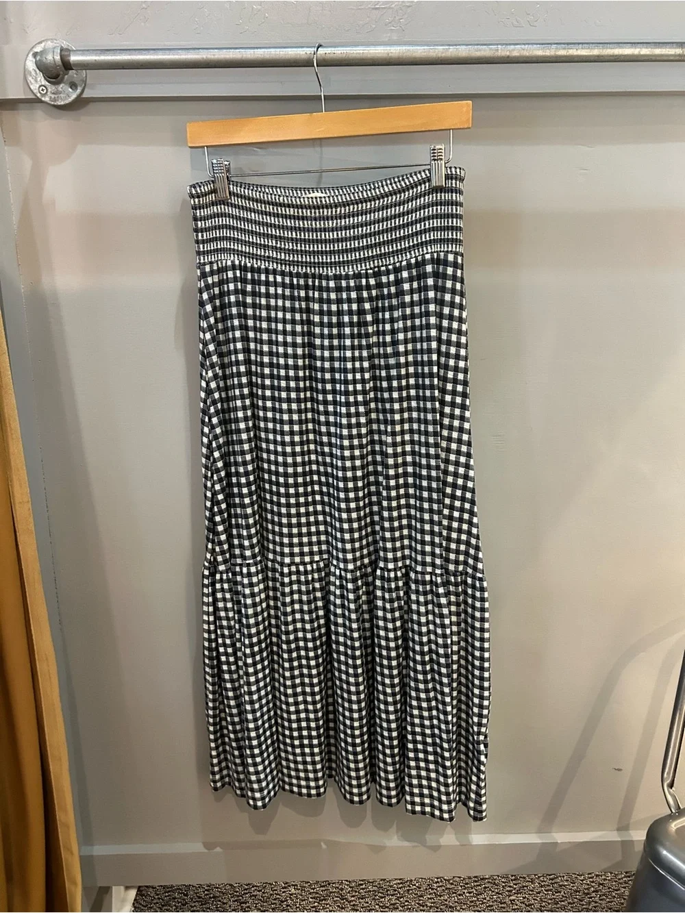 NATION LTD Navy and White Gingham Maxi Skirt - Smocked Waist - Medium